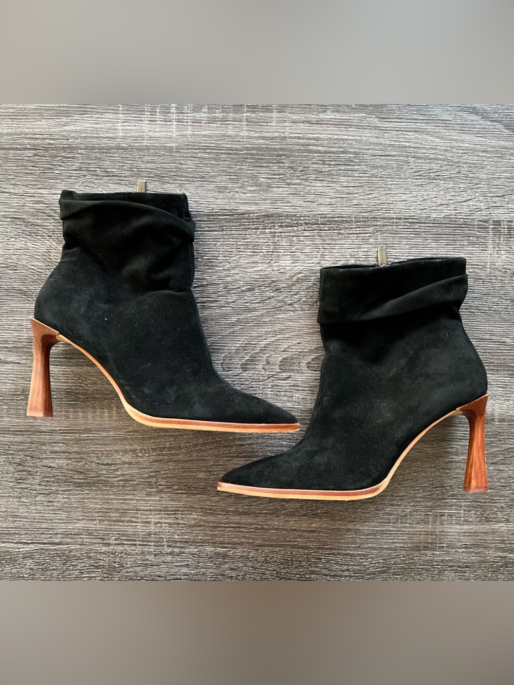 Vince Camuto Black Suede Pointed Ankle Booties with Wood Stacked Heel | Size 8
